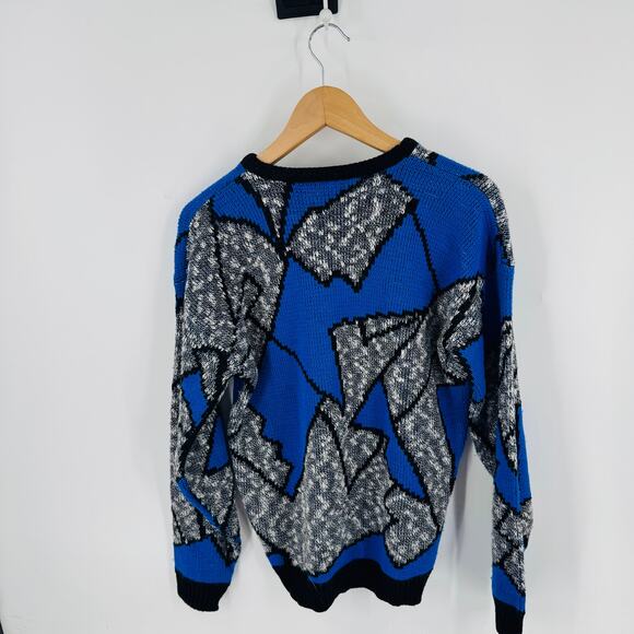 Vintage Adele Abstract Geometric Sweater Blue Black Gray 80s Acrylic Made in USA - Picture 2 of 5